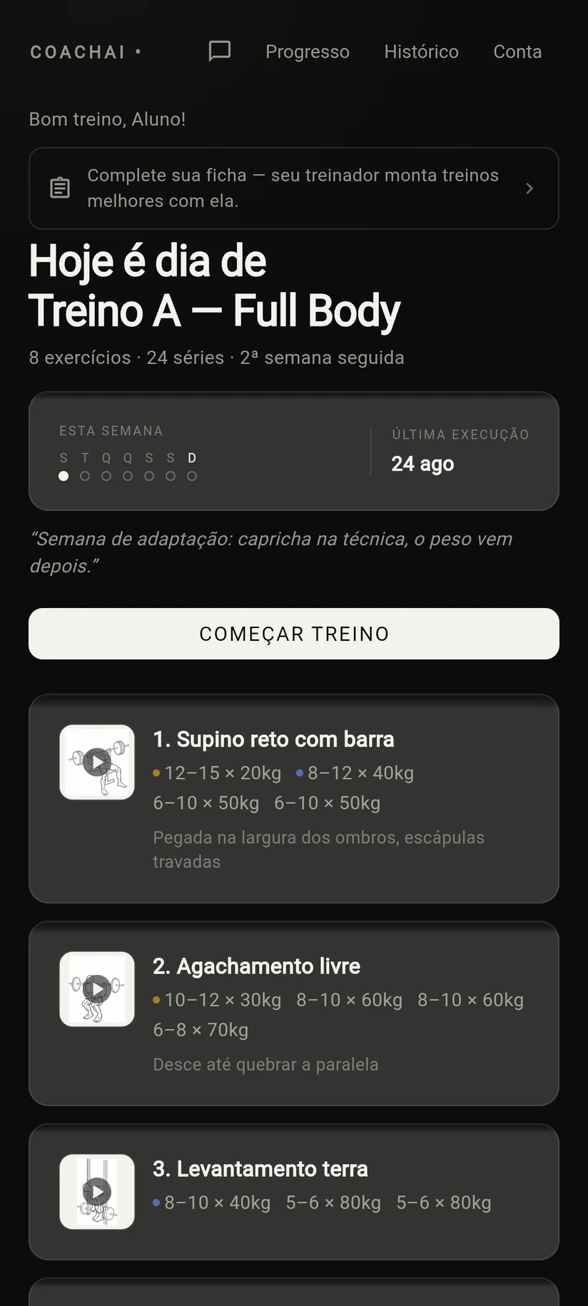 Tela inicial do app: treino do dia, oito exercícios, vinte e quatro séries, segunda semana seguida.