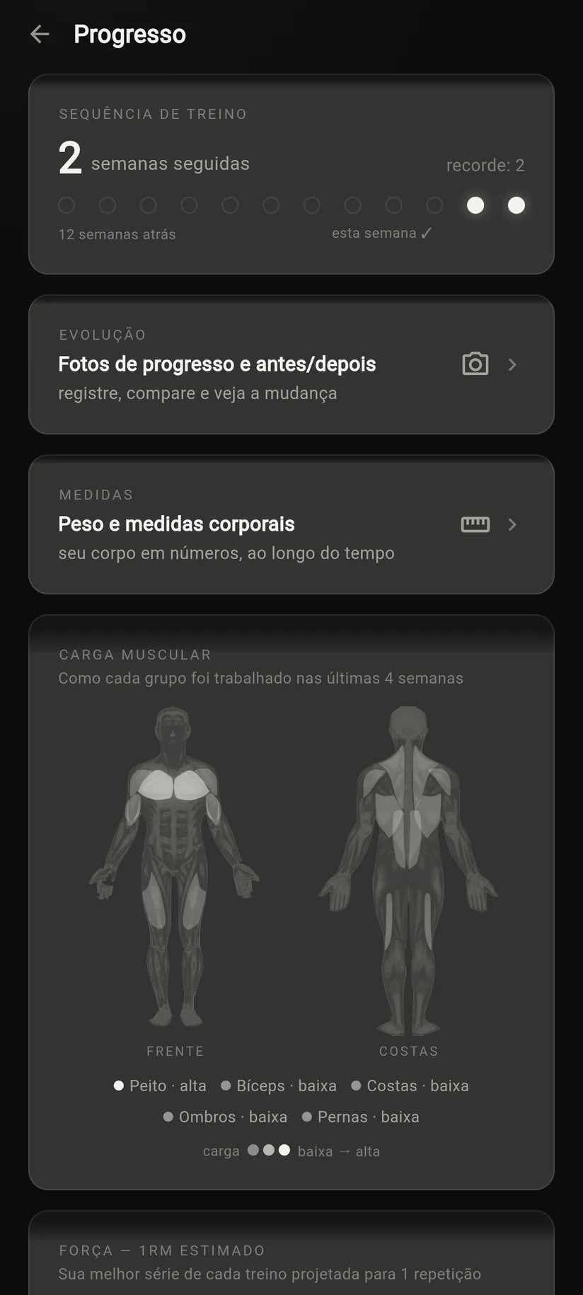 Tela de progresso: sequência de semanas treinadas e mapa de carga muscular com frente e costas.